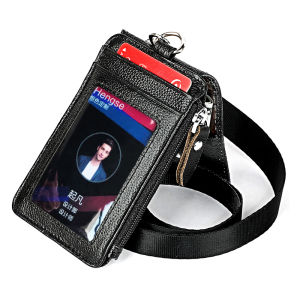Badge Holder with Zipper Genuine Leather RFID Keychain Wallet & Neck Lanyards with Swivel Hook for Card/Coin/Cash Black