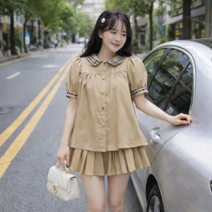Set Áo Babydoll Kaki Cổ Sen 2 Lớp Kèm Chân Váy Xòe Xếp Ly Phong Cách Tiểu Thư Sang Chảnh MS125
