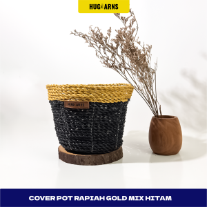 HUGeARNS - Cover Pot Anyaman Rapiah Gold Mix Hitam / Cover Pot Ayaman / Cover Pot Rapiah Kombinasi Anyaman Pot / Cover Vas Bunga Hias Cover Pot Bunga Anyaman Tali Rapiah Kombinasi / Cover Pot Anyaman Natural Rapiah Ramah Lingkungan / Anyaman Jogja