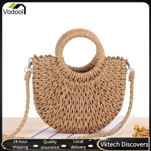 Summer Womens Semicircle Woven Shoulder Bag Compact Crossbody Bag for Beach Travel and Holiday Outings