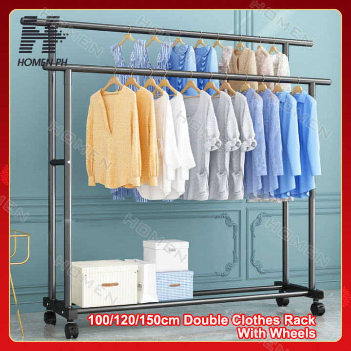 Double Rod Metal Clothes Racks With Wheels Heavy Duty Stainless Steel ...