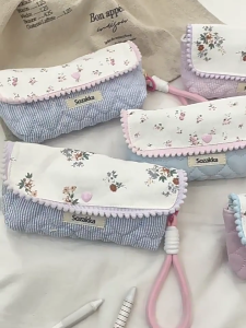 Flower Print Pen Bag with Lanyard Large Capacity Pencil Case Pen Organizers Pencil Pouches Travel Makeup Bag for Women