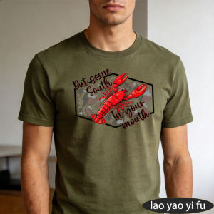 [Local Stock] HBESTY  Put Some South In Your Mouth Crawfish Camo Frame Graphic Men Summer Cotton T Shirt Southern Cajun Style Short Sleeve Basic Tee