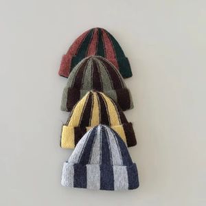 A7171 Striped Watermelon Striped Beanies Soft Contrasting Color Winter Knitted Beanies Lovely Thermal Patchwork Beanies for 2-7Y