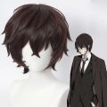 Rambut Sintetis Wig Dazai Osamu Wig Anime Bungo Stray Dogs Cosplay Pendek Coklat Hitam Tahan Panas Pesta Halloween + Topi Wig. 