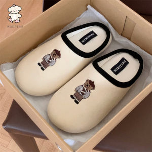 WY-XIXITIAO Personality ins Embroidered Bear Cotton Slippers for Men and Women Closed-Toe Couples Spring and Summer Home Silent Maternity Floor Shoes