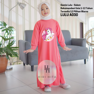 Hirihita Lulu A030 Baju Gamis Lulu Anak Perempuan Sablon Unicorn Kuda Pony 12 Warna 1-12 Tahun