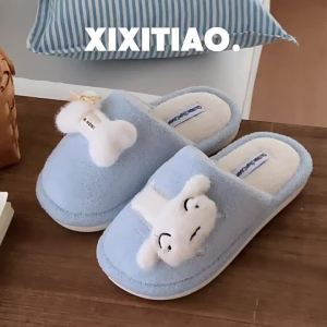 XIXITIAO Home Cute Little White Dog Cotton Slippers for Women New Closed-Toe Bedroom Winter Warm Genuine Crayon Shin-chan Furry Shoes
