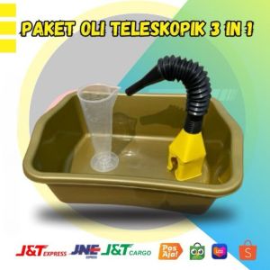 Ganti Oli Corong Teleskopik Fleksible Gelas Takar 100ml dan Wadah Olih Besar