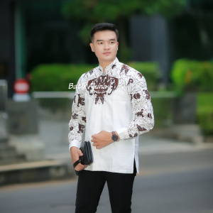 Kemeja Koko Batik Pria Lengan Panjang Putih Keren Premium Mewah Modern Baju Koko Muslim Batik MBA1
