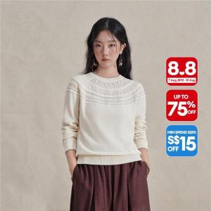 Giordano Women 100% cotton eyelet jacquard crewneck sweater Free Shipping 18356219