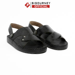 Dép Sandal Nam Da Bò Cao Cấp SIGOURNEY Lót Cao Su Êm Ái Đế Khâu Màu Đen DN-115 Bảo Hành 18 Tháng