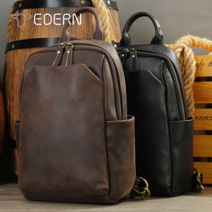 EDERN Crazy Horse Leather Crossbody Bag for Men Retro Fashion Genuine Leather Chest Bag Large Capacity Outdoor Travel Shoulder Bag