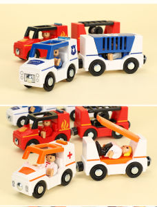 In Stock Kids Cosplay Electric Train Police Car Fire Truck Ambulance Toys for Boys Set with Sound & Light Children Birthday Gift Compatible with Thomas Wooden Track