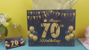 Epakh Black Gold Happy 40th 50th 60th 70th Birthday Gift Bag with Greeting Card 3 Tissue Paper Large Gift Wrap Bag with Handle Birthday Party Favor Present Bag for Women Men Party Supplies(70th)