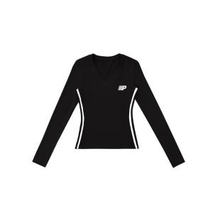 เสื้อออกกำลังกายแขนยาวผู้หญิง คอวีสีดำ แต่งแถบขาวสองเส้นด้านข้างลำตัว ที่ตรงปลายแขนเสื้อสอดนิ้วได้ กันแดด ใส่สบาย #078