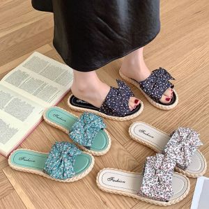 GAMNGFYE Bohemia Style Beach Slippers Women PVC Open Toe Floral Flat Slippers Soft Bowknot Slides Sandals Summer