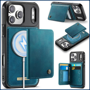 For iPhone 12 13 14 15 16 17 Pro Max Air Plus MagneCard Holder Phone Case Wireless Charging Stand Leather Cover 16e 17e