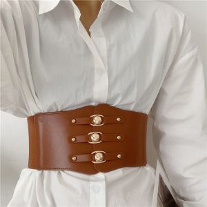 USEFUL TOOL เกาหลี วินเทจ หัวเข็มขัดโลหะ รัดตัว ร่างกายกระชับสัดส่วน หญิง สายรัดเอวยางยืด ตกแต่งกระโปรง เข็มขัดกว้าง หนัง PU Cummerbund