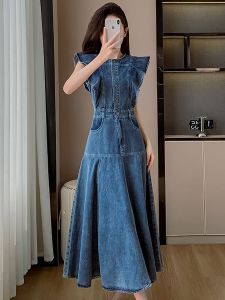 Fashion short sleeve ruffle denim dress womens new high-quality flying sleeve round neck short sleeve denim dress
