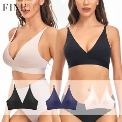 FINETOO Seamless Bra Set Women Deep V Wireless Tops Low-Rise