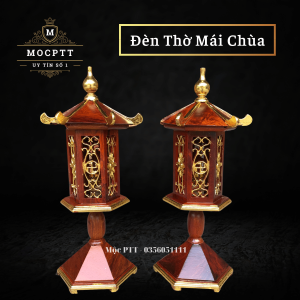 Đèn thờ Mái Chùa gỗ Hương Đỏ trang trí ban thờ gia tiên ấm cúng sang trọng.