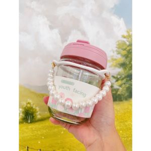 (สินค้าพร้อมส่งจากไทย) ขวดแก้วไข่มุก ลายดอกไม้ ขนาด 350 ml