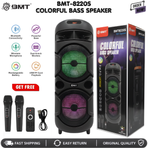 BMT-8220S Colorful Bass Speaker HiFi System | 18000W P.M.P.O Super Loud Sound | Dual 8-Inch Woofers | Bluetooth Connectivity | RGB Light Party Speaker | Wireless Microphone Included | Rechargeable Battery | USB TF Card Playback | Karaoke Box