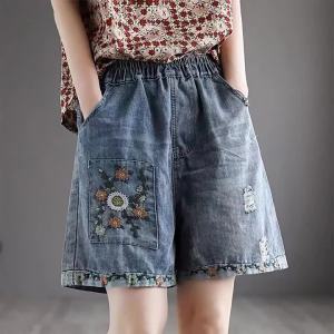 G7( Spot Goods ) High Waist Jeans Shorts Women Summer Elastic Slimming Plus Size Korean Style Loose Wide Leg Embroidered Shorts 7/7