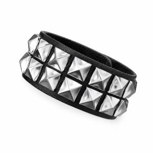 JACAUY PU Leather Rivet Bangle Square Wide Adjustable Size Spike Cuff Bracelet Steampunk Rows Nails Punk Wristband Men Women