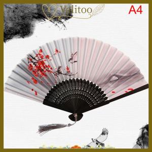 [Valitoo] Chinese Silk Folding Fan Wooden Shank Classical Dance Fan Home Decoration