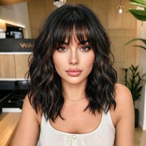 XIXIBI Auburn Wigs for Women Bob Wig with Bangs Short Wavy Curly Hair 14Inch Ombre Root Lightweight Ready-to-Go Easy to maintain Beginner Friendly Soft Synthetic Natural Looking Daily Cosplay