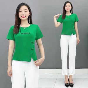 2025 Summer New Chinese Style Fashion Pan Button Fork Versatile Short Sleeve T-shirt Top for Women
