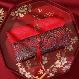 FUNG New Year Blessing Words Brocade Red Envelope Spring Festival Brocade Cloth Tassel New Year Money Bag Traditional Best Wishes 2025 Money Pocket Chinese Wedding