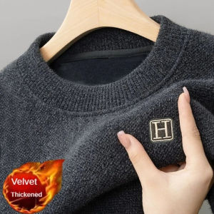 Winter Mens Warm Fleece Sweater O-Neck Embroidered Casual Knitted Inner Lap Pullovers Thick Thermal Underwear Sweater