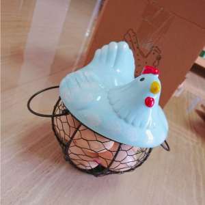 Metal Wire Egg Basket with Ceramic Farm Chicken Cover Fruit Basket Egg Holder Decorative Kitchen Storage Baskets Perfect for Fruit Vegetables Snacks Household Items and Much More