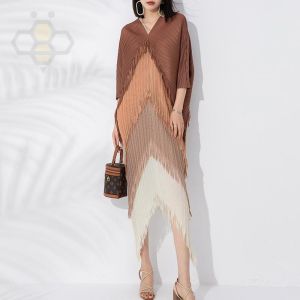 Aiden001 Average Size Plus-Size Dolman-Sleeve Dress With Tassel Stitching & V-Neck Irregular Pleated Long Dress