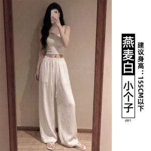 COD navy blue linen wide-leg pants womens summer thin lazy slack feeling old money wind sun protection cotton and linen straight pants 2026 new