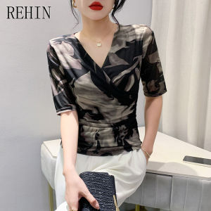 REHIN Autumn wrinkled cross V-neck fashion medium-sleeved mesh printed short sleeve T-shirt fashion slimming base trendy women blouse