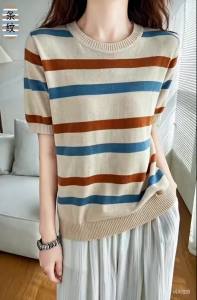 Womens T-Shirt Summer 100% Cotton Sweater Short Sleeve Striped Knitted Round Neck Ladies Tops Loose Blouse Pullover Tees2026