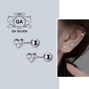 Khuyên tai bạc 925 trái tim đính đá chốt bi vặn bông nam nữ S925 HEART QA SILVER Earrings EA191002