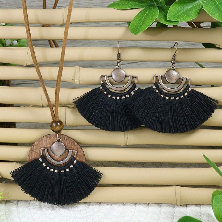 Fashion Vintage Jewelry Set Hand-woven Earrings Leather Rope Sweater Chain  Sector Hollow Boho Tassel Necklace Earring Ornament Lazada PH