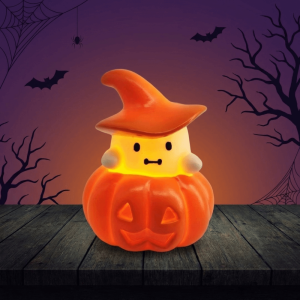 BESTWEST LED Glowing Ghost Nightlight Warm Light Button Cell Battery Operated Glowing Ghost Statue Witch Hat Lamp Durable Base Halloween LED Decor Bedside Nightstand