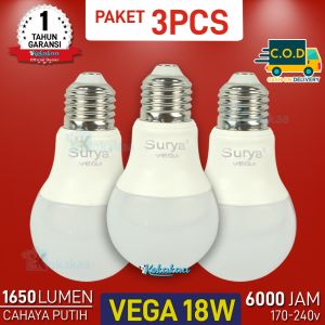 PAKET 3 PCS Lampu Bohlam LED Buld Surya VEGA 18 Watt ORIGINAL SNI Resmi Hemat Energi Cahaya Lampu 1650 Lumen GARANSI Resmi 1 TAHUN (Umur 6000 Jam) - Putih