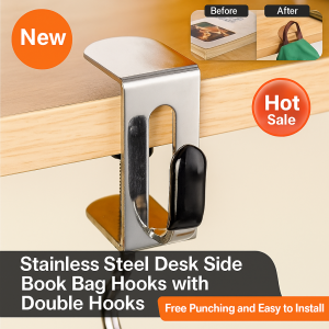 Stainless Steel Desk Side Double Hooks Storage Table Side Hanging Bag Hook Non Punching Student Table Side Bookbag Hook