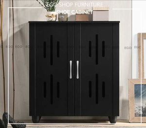 EGO Shoe Cabinet 2 Door Solid Board Shoe Rack Black Color Multi Purpose Cabinet Pelbagai Fungsi Kabinet Hitam