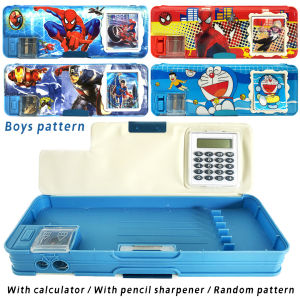 Pencil case with calculator and pencil sharpener double-sided opening cartoon pencil box Cartoon pencil box Multifunctional stationery storage box children gifts