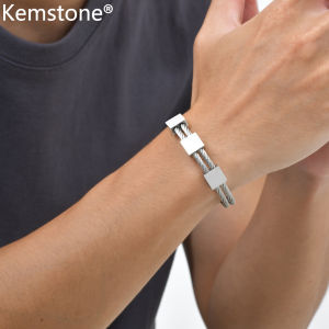 Kemstone Stainless Steel Double Cable Wire Square Cuff Bracelet for Men Gold & Silver