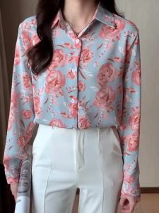 Ammin ◆ 2024 phụ nữ dáng rộng dài tay tất cả các trận đấu giải trí đi lại Áo sơ mi in hình thời trang phong cách Hàn Quốc duyên dáng ống tay phồng in hình hoa hồng Áo Voan