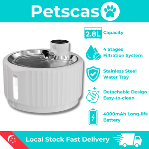 Petscaso 2.8L Smart Pet Water Fountain | 4-Stage Filtration | 60-Day Battery | Stainless Steel Tray